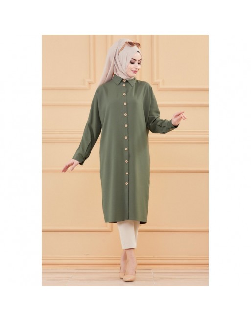 Tunique longue - Chemise boutonnée ample (Vêtements femme pour Hijab) - Couleur kaki Tunique longue - Chemise boutonnée ample (Vêtements femme pour Hijab) - Couleur kaki