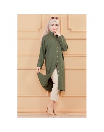 Tunique longue - Chemise boutonnée ample (Vêtements femme pour Hijab) - Couleur kaki 