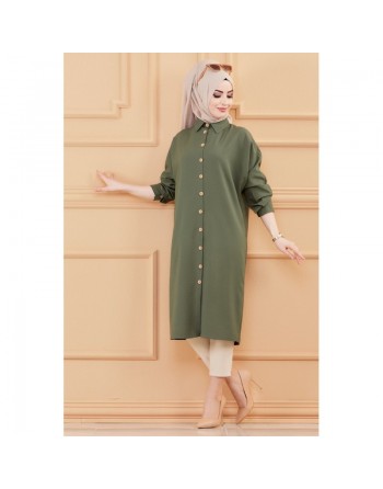 Tunique longue - Chemise boutonnée ample (Vêtements femme pour Hijab) - Couleur kaki 