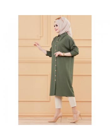 Tunique longue - Chemise boutonnée ample (Vêtements femme pour Hijab) - Couleur kaki 