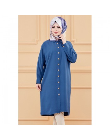 Tunique longue pour femme - Chemise boutonnée ample - Couleur bleu pétrole 