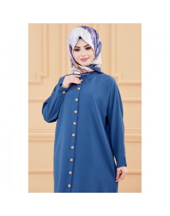 Tunique longue pour femme - Chemise boutonnée ample - Couleur bleu pétrole 