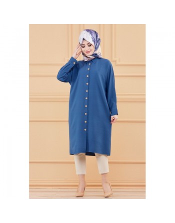 Tunique longue pour femme - Chemise boutonnée ample - Couleur bleu pétrole 