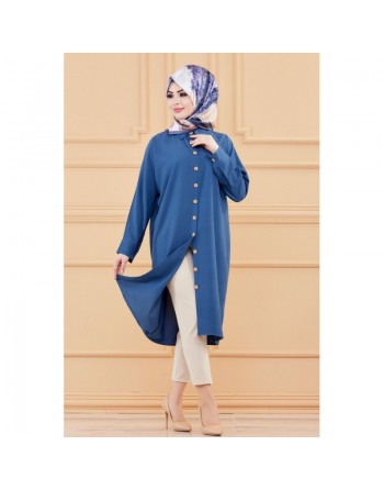 Tunique longue pour femme - Chemise boutonnée ample - Couleur bleu pétrole 