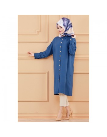 Tunique longue pour femme - Chemise boutonnée ample - Couleur bleu pétrole 