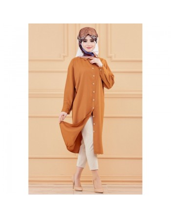 Tunique longue - Chemise boutonnée ample (Vêtement femme voilée) - Couleur tabac 