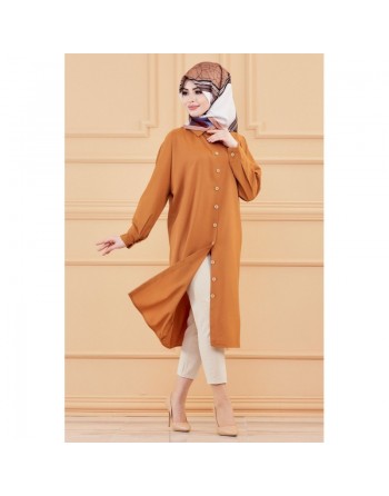 Tunique longue - Chemise boutonnée ample (Vêtement femme voilée) - Couleur tabac 