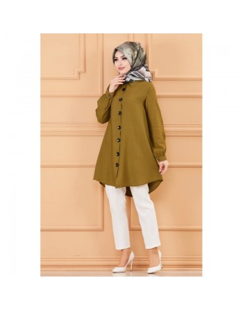 Chemise à gros boutons (Tunique style habillé pour hijab) - Couleur kaki foncé 