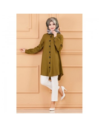 Chemise à gros boutons (Tunique style habillé pour hijab) - Couleur kaki foncé 
