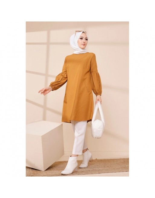 Tunique casual à manches bouffantes pour femme (Vêtement pour musulmane) - Couleur moutarde Tunique casual à manches bouffantes pour femme (Vêtement pour musulmane) - Couleur moutarde