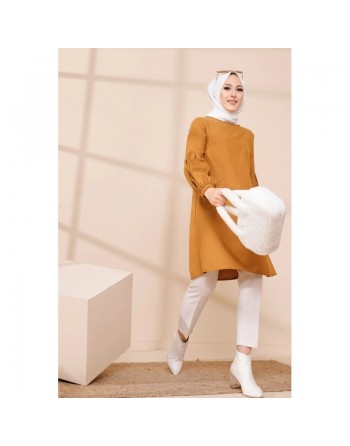 Tunique casual à manches bouffantes pour femme (Vêtement pour musulmane) - Couleur moutarde 