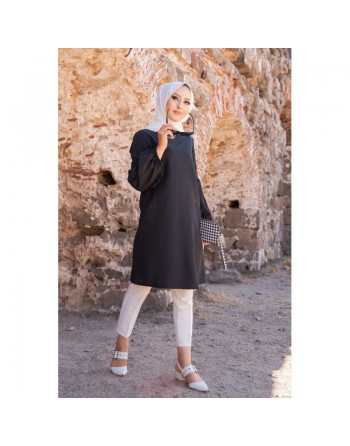 Tunique casual à manches bouffantes pour femme (Vêtement pour musulmane) - Couleur noir 