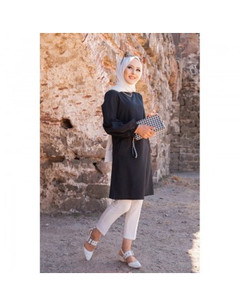 Tunique casual à manches bouffantes pour femme (Vêtement pour musulmane) - Couleur noir 