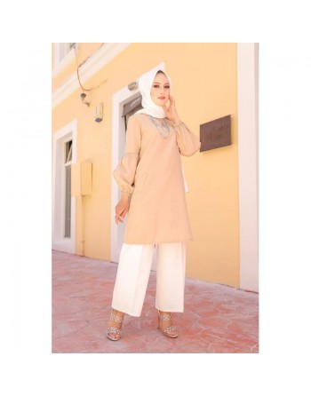 Tunique casual à manches bouffantes pour femme (Vêtement pour hijab habillé) - Couleur beige 