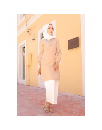 Tunique casual à manches bouffantes pour femme (Vêtement pour hijab habillé) - Couleur beige 