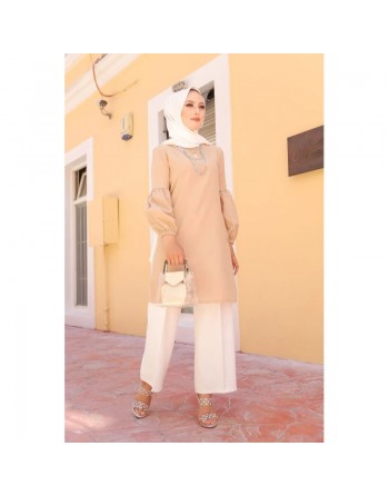 Tunique casual à manches bouffantes pour femme (Vêtement pour hijab habillé) - Couleur beige 