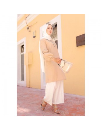 Tunique casual à manches bouffantes pour femme (Vêtement pour hijab habillé) - Couleur beige 