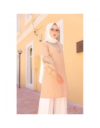 Tunique casual à manches bouffantes pour femme (Vêtement pour hijab habillé) - Couleur beige 
