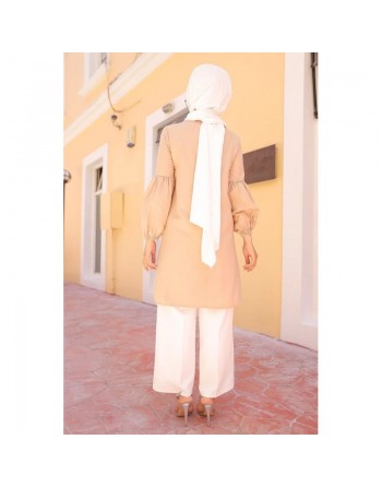 Tunique casual à manches bouffantes pour femme (Vêtement pour hijab habillé) - Couleur beige 