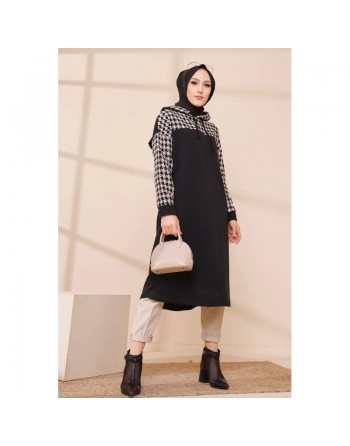 Tunique avec capuche bicolore (Vêtements modernes pour femmes voilées) - Couleur noir et beige 