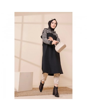 Tunique avec capuche bicolore (Vêtements modernes pour femmes voilées) - Couleur noir et beige 