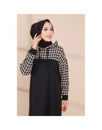 Tunique avec capuche bicolore (Vêtements modernes pour femmes voilées) - Couleur noir et beige 