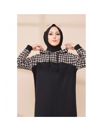 Tunique avec capuche bicolore (Vêtements modernes pour femmes voilées) - Couleur noir et beige 