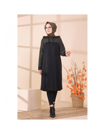Tunique avec capuche bicolore (Tenue moderne pour Hijab) - Couleur noir et kaki 