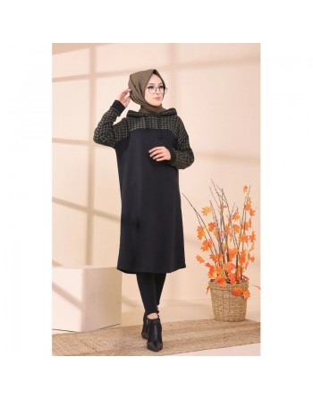 Tunique avec capuche bicolore (Tenue moderne pour Hijab) - Couleur noir et kaki 