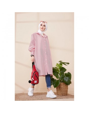 Chemise-Tunique longue à rayures (Vêtement pour femme voilée) - Couleur rouge 