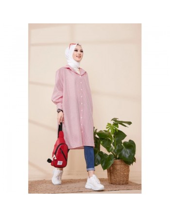 Chemise-Tunique longue à rayures (Vêtement pour femme voilée) - Couleur rouge 