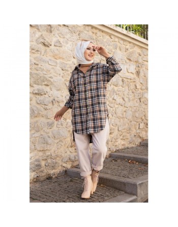 Chemise - Tunique à carreaux (Vêtement hijab pour femme) - Couleur noir et taba 
