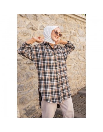 Chemise - Tunique à carreaux (Vêtement hijab pour femme) - Couleur noir et taba 