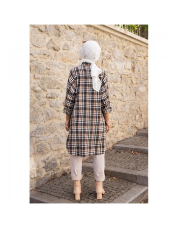 Chemise - Tunique à carreaux (Vêtement hijab pour femme) - Couleur noir et taba 