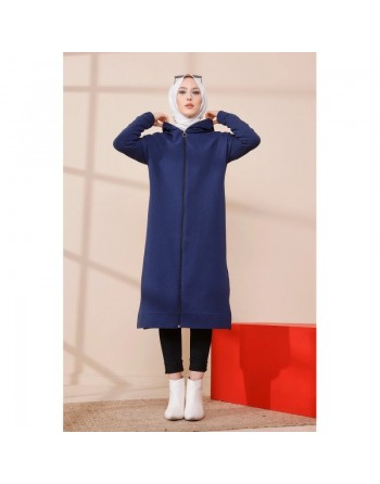 Cardigan Gilet long zippé style décontracté et sport col à capuche pour femme voilée - Couleur bleu marine 