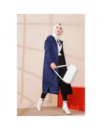 Cardigan Gilet long zippé style décontracté et sport col à capuche pour femme voilée - Couleur bleu marine 