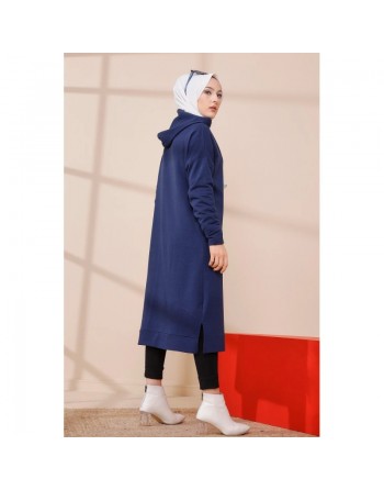Cardigan Gilet long zippé style décontracté et sport col à capuche pour femme voilée - Couleur bleu marine 