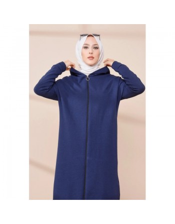 Cardigan Gilet long zippé style décontracté et sport col à capuche pour femme voilée - Couleur bleu marine 