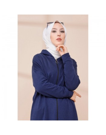 Cardigan Gilet long zippé style décontracté et sport col à capuche pour femme voilée - Couleur bleu marine 