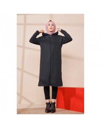 Cardigan Gilet long zippé style décontracté et sport col à capuche pour femme voilée - Couleur anthracite 