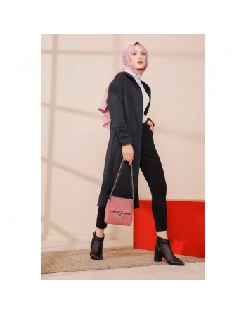 Cardigan Gilet long zippé style décontracté et sport col à capuche pour femme voilée - Couleur anthracite 