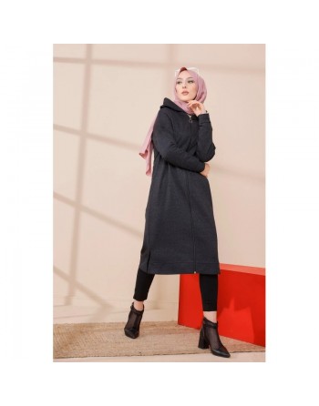 Cardigan Gilet long zippé style décontracté et sport col à capuche pour femme voilée - Couleur anthracite 