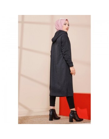 Cardigan Gilet long zippé style décontracté et sport col à capuche pour femme voilée - Couleur anthracite 