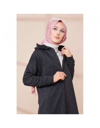 Cardigan Gilet long zippé style décontracté et sport col à capuche pour femme voilée - Couleur anthracite 