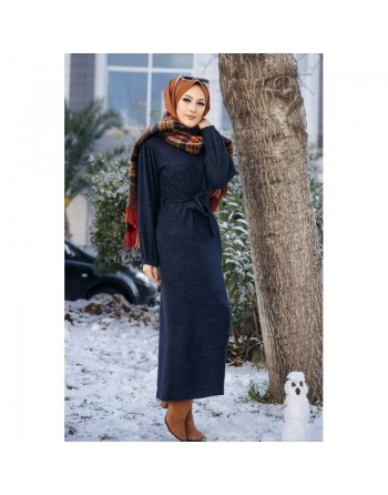 Robe tissu polaire avec ceinture (Vêtement Hijab Saison Automne-Hiver) - Couleur bleu marine 
