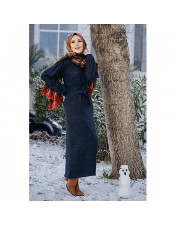 Robe tissu polaire avec ceinture (Vêtement Hijab Saison Automne-Hiver) - Couleur bleu marine 