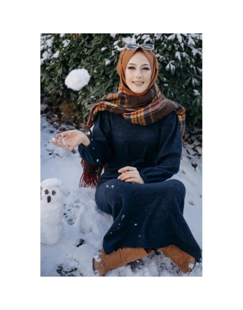 Robe tissu polaire avec ceinture (Vêtement Hijab Saison Automne-Hiver) - Couleur bleu marine 