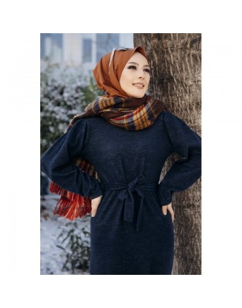 Robe tissu polaire avec ceinture (Vêtement Hijab Saison Automne-Hiver) - Couleur bleu marine 