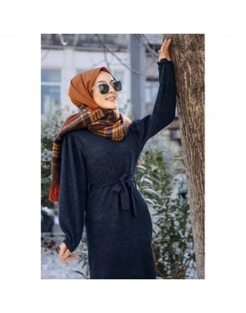 Robe tissu polaire avec ceinture (Vêtement Hijab Saison Automne-Hiver) - Couleur bleu marine 