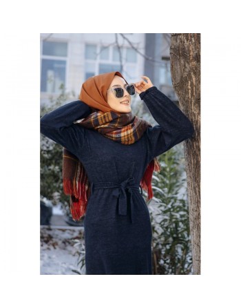 Robe tissu polaire avec ceinture (Vêtement Hijab Saison Automne-Hiver) - Couleur bleu marine 